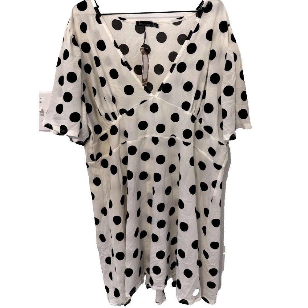 Boohoo Dress Womens‎ 22 White Black Polka Dot Summer BOHO Flowy Cottagecore NWT